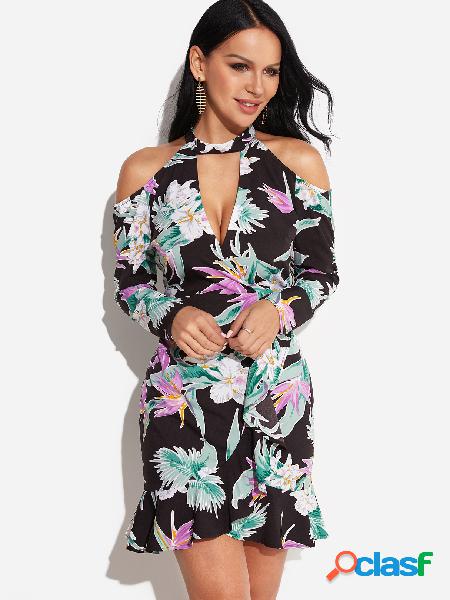 Black Floral Print Flared Hem Fashion dress