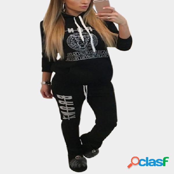 Black Letter Print Long Sleeves Hooded Sport Tracksuit