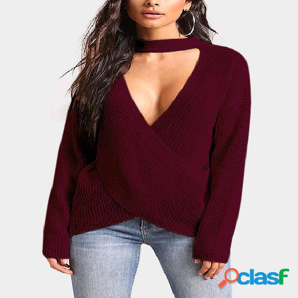 Burgundy Crossed Front Design Deep V Neck Sweater