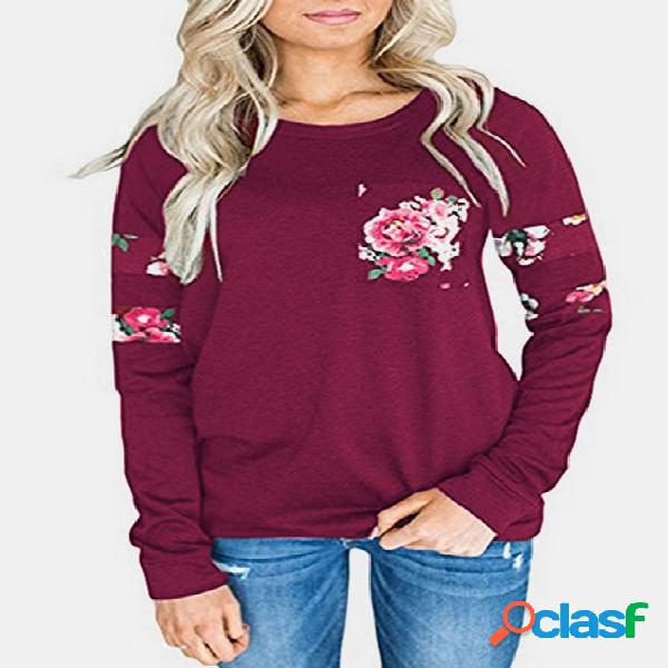 Burgundy Floral Print Round Neck Long Sleeves T-Shirt