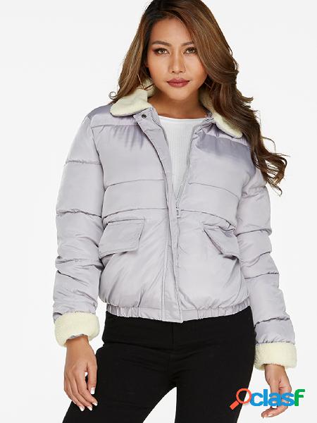 Grey Lapel Collar Long Sleeves Zip Design Parka