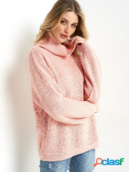 Pink Cable Knit High Neck Lantern Sleeves Sweater