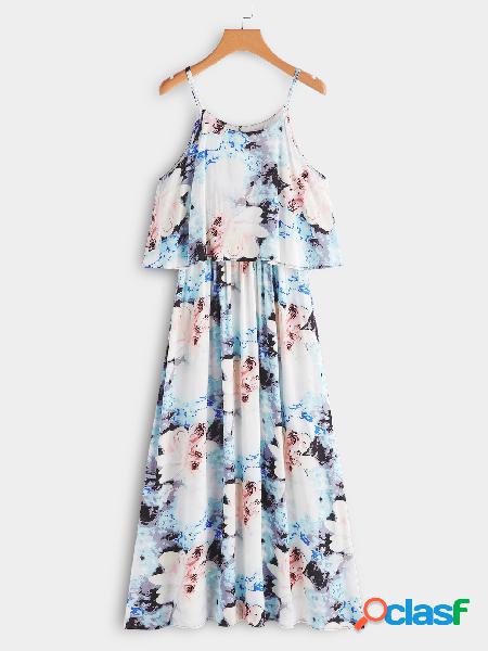 White Backless Random Floral Print Elastic Shoulder Strap