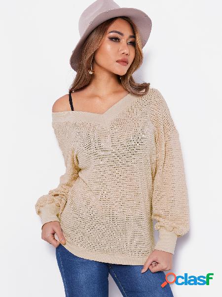 Beige V-neck Long Sleeves Sweater