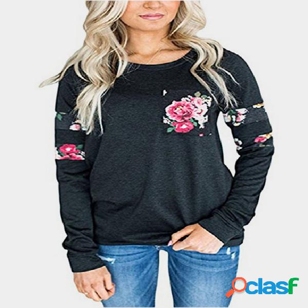 Black Floral Print Round Neck Long Sleeves T-Shirt