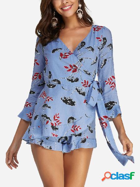 Blue Floral Print Deep V Neck Long Sleeves Playsuits