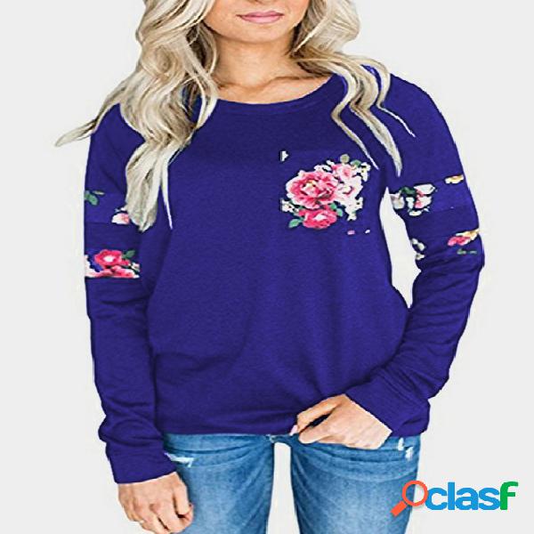 Blue Floral Print Round Neck Long Sleeves T-Shirt