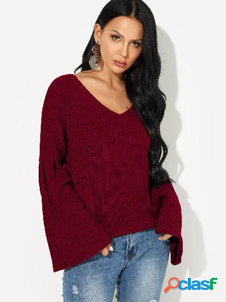 Burgundy V-neck Long Bell Sleeves T-shirt