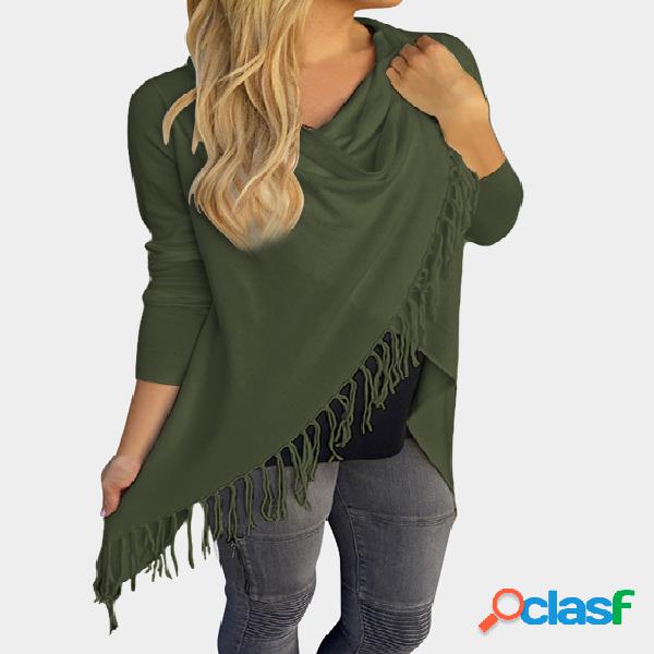 Green Tassel Details Irregular Hem T-shirt