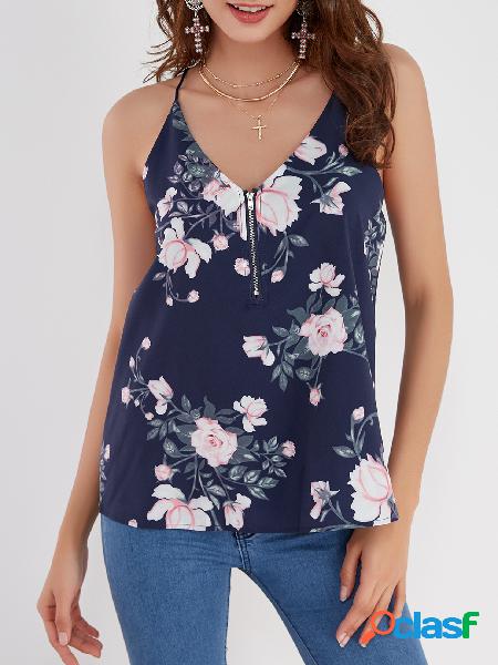 Navy Random Floral Print V-neck Camis with Zip Design