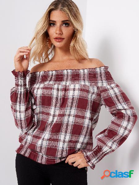 Red Grid Off The Shoulder Long Sleeves Smocking Blouses