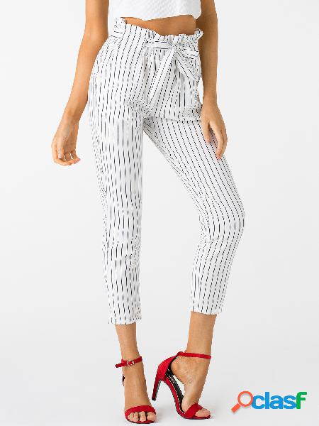 White Stripe Pattern High Waisted Pants