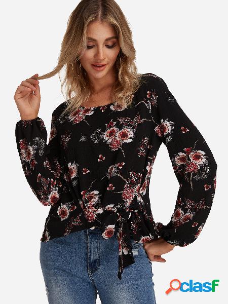 Black Tie-up Design Random Floral Print Round Neck Long