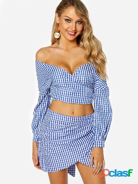 Blue Grid Self-tie Design Off The Shoulder Top &