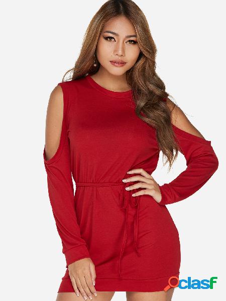 Burgundy Cold Shoulder Long Sleeves Drawstring Waist Dress