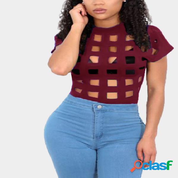 Grid Hollow Design T-shirts in Burgundy