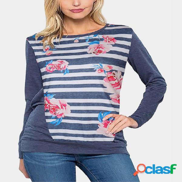 Navy Floral Print Round Neck Long Sleeves T-shirt