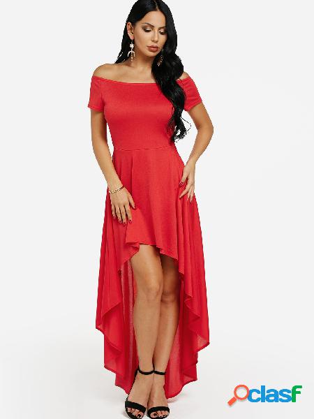 Red Off-The-Shoulder Hi-Lo Flared Dress