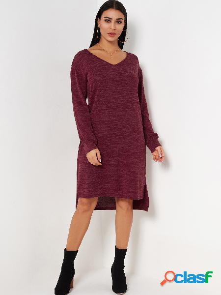 Red Slit Design Wide V-neck Long Sleeves Dress