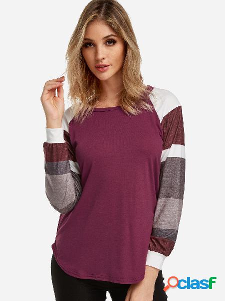 Stripe Patchwork Round Neck Long Sleeves T-shirt