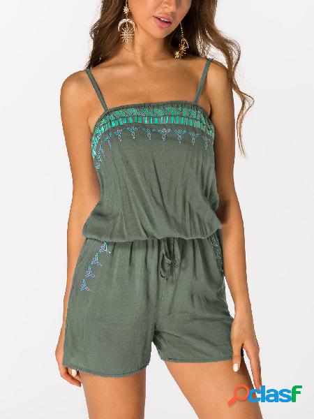 Army Green Printed Sleeveless Drawstring Waist Playsuit