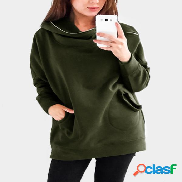 Army Green Zip Design Side Pockets Hoodie