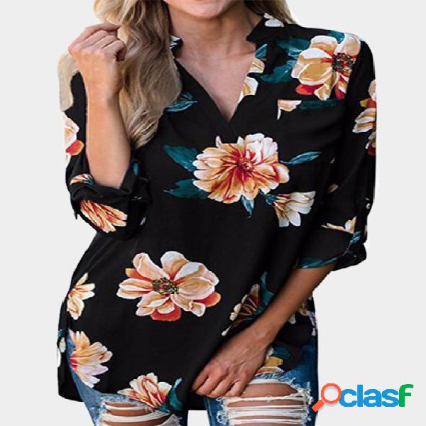 Black Floral Print V-neck Long Sleeves Curved Hem Blouses