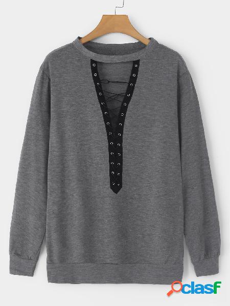 Grey Crew Neck Cutout Criss-cross Front Tee