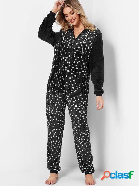 Black Star Print Zipper Design Side Pockets Hodded Onesie in