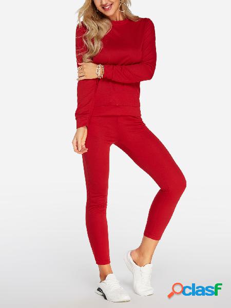 Burgundy Crew Neck Drawstring Waist Long Sleeves Tracksuit
