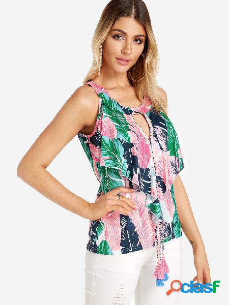 Cut Out Random Leaf Print Crew Neck Camis
