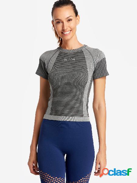 Grey Stripe Details Letter Print Crew Neck Short Sleeves