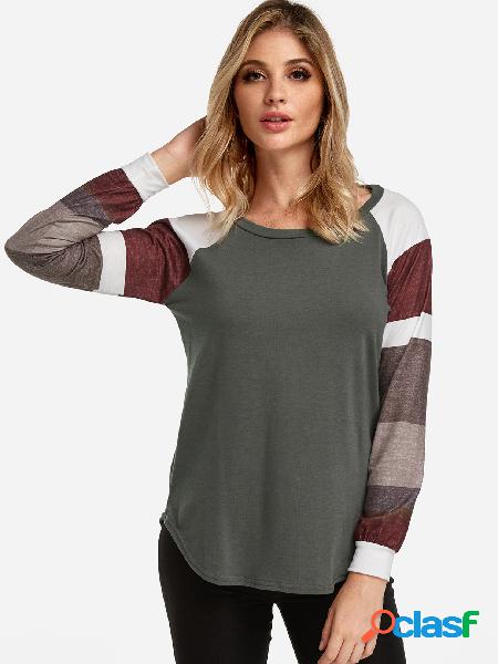 Grey Stripe Patchwork Round Neck Long Sleeves T-shirt