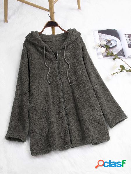 Grey Zip Up Fluffy Faux Fur Hooded Coat