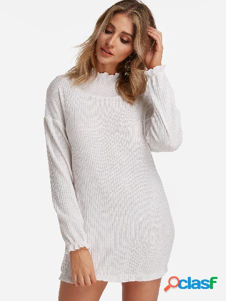 White Flared Design High Neck Long Sleeves Mini Dress