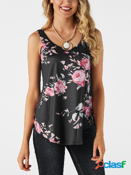 Black Crossed Back Design Floral Print Round Neck Camis