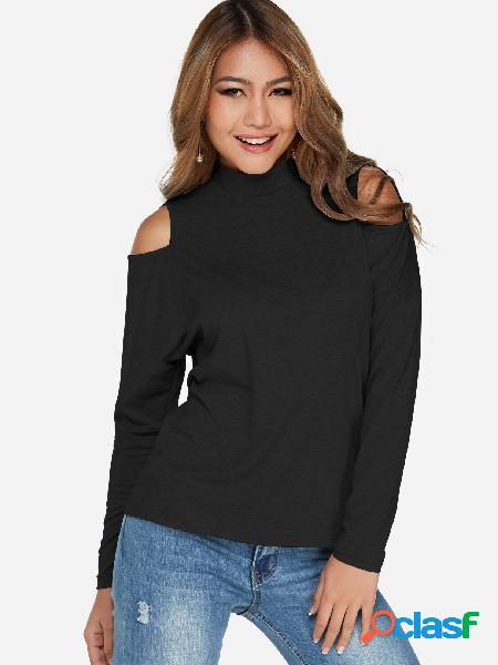 Black Cut Out Plain Perkins Collar Long Sleeves Tee