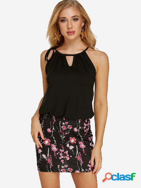 Black Random Floral Print Mini Length Dress