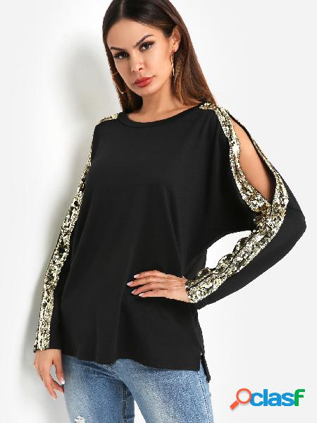 Black Round Neck Long Sleeved with Cutout Gloss Sequins Top