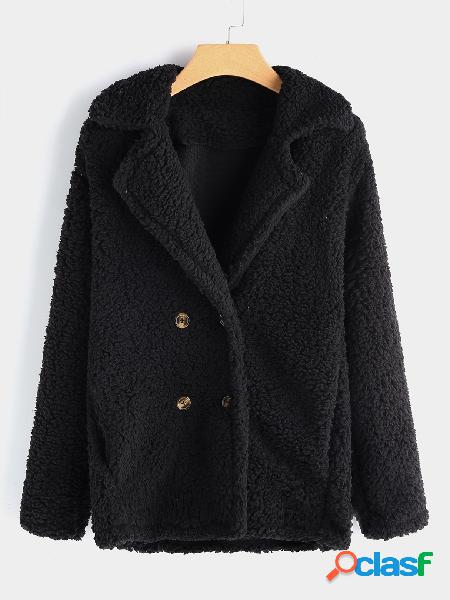 Black Side Pockets Plain Lapel Collar Long Sleeves Faux Fur