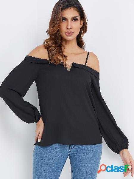 Black Spaghetti Off Shoulder Long Sleeves Curve Hem Blouse