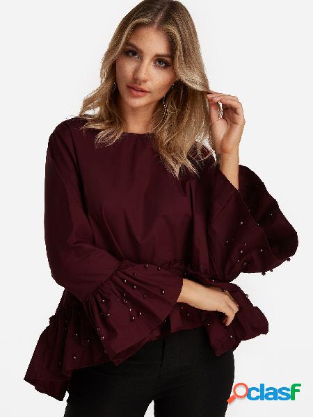 Burgundy Pearl Flared Sleeves Fashion Blouse