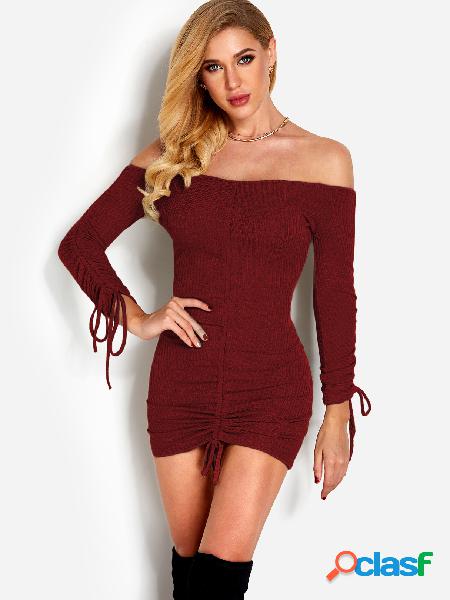 Burgundy Pleated Design Plain Off The Shoulder Long Sleeves