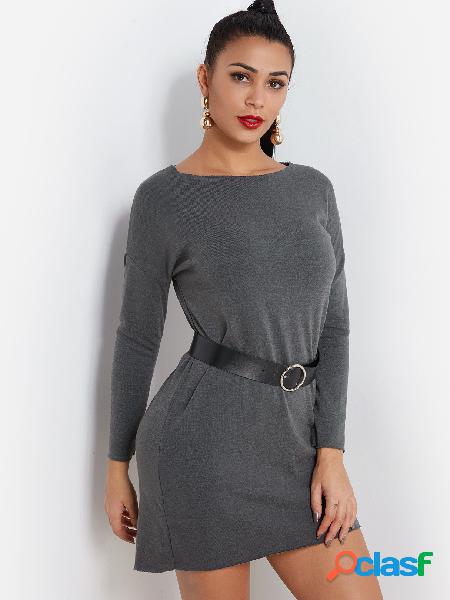 Casual Grey Round Neck Long Sleeves Middle-waisted Sweater