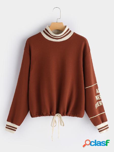 Coffee Stand Collar Long Sleeves Drawstring Sweatshirt