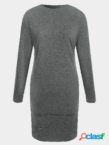 Dark Grey Side Pockets Round Neck Long Sleeves Casual Dress