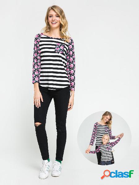 Floral Striped Print Mom and Daughter Matching T-Shirts -