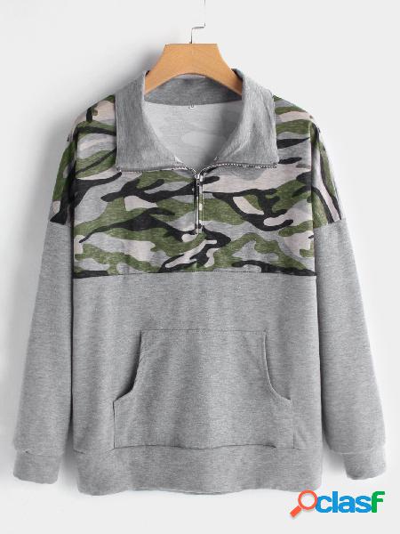 Green Camouflage Collar Sweatshirts With Kangaroo Pockets