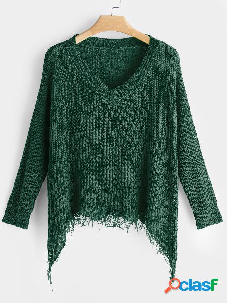 Green Tassel Details V-neck Long Sleeves Sweaters