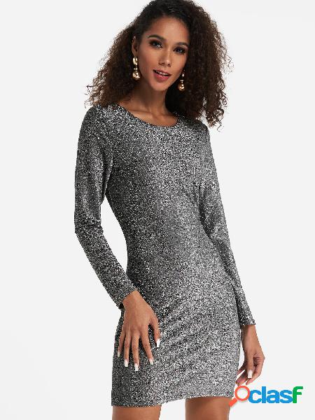 Grey Backless Sequins Embellished Round Neck Long Sleeves